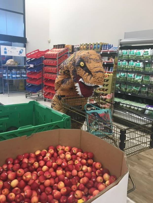 A dinosaur stocks up on food at New World in Warkworth. Photo / Supplied