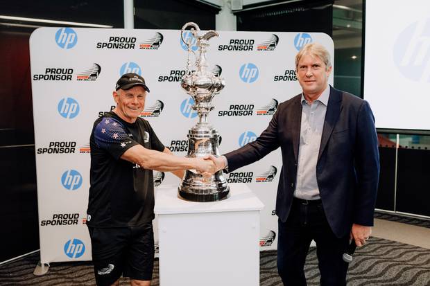 Emirates Team New Zealand CEO Grant Dalton and HP New Zealand Managing Director Grant Hopkins at today's sponsorship announcement. Photo / Supplied.