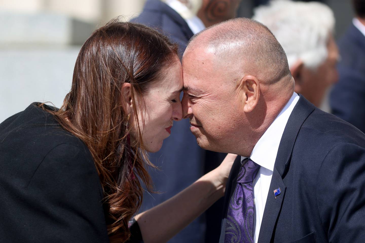 Prime Minister Jacinda Ardern and Cook Islands Prime Minister Mark Brown greet each other with a hongi during Brown's visit to NZ in March. Photo / Getty Images