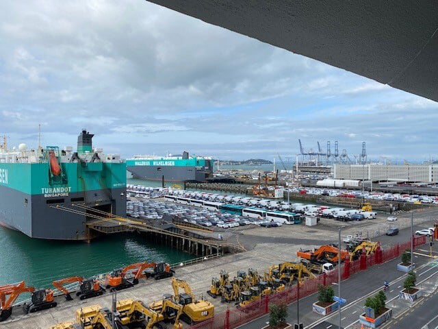 Teslas getting unloaded from Armacup vessel Turandot. Photo / Ports of Auckland