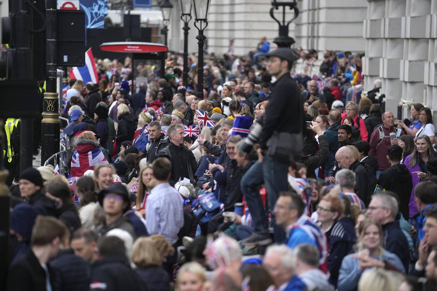 A crowd gathers at Whitehall ahead of the coronation ceremony for Britain's King Charles III in London. Photo / AP