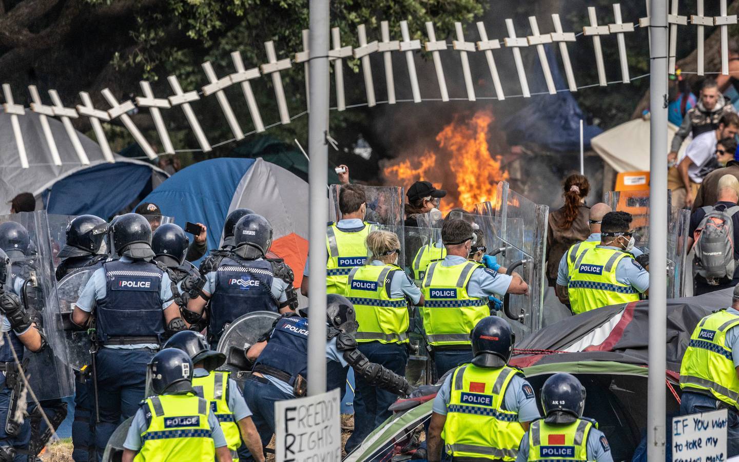 The fiery conclusion to the occupation of Parliament grounds in March 2022. Photo / Mike Scott