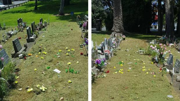 As the visitors reached the baby section, they were shocked to find damaged momentoes, shredded flowers and broken crosses were strewn across the grass. Photo / Korenna Buchanan 