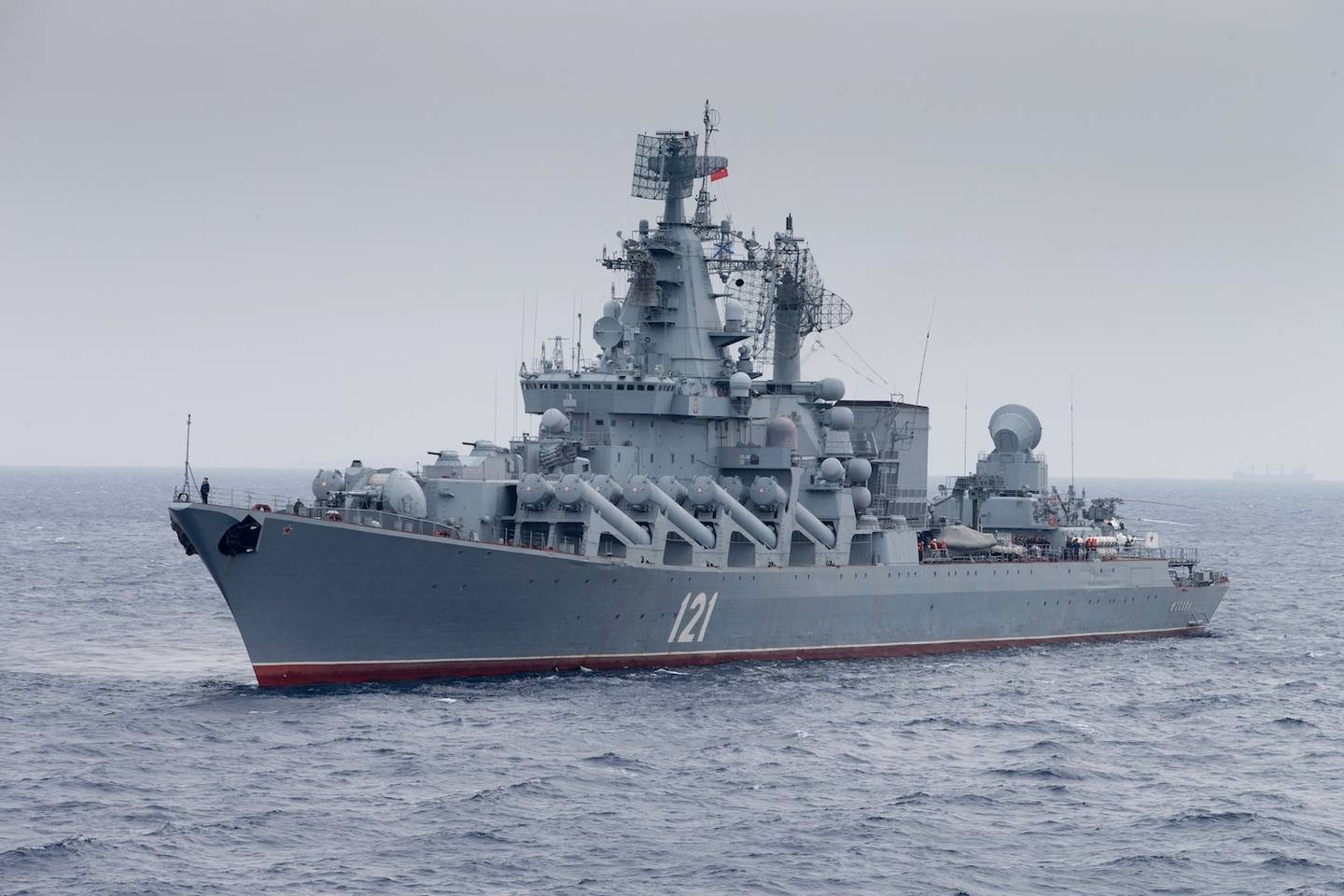 Russian missile cruiser Moskva is on patrol in the Mediterranean Sea near the Syrian coast on December 17, 2015. Photo / AP