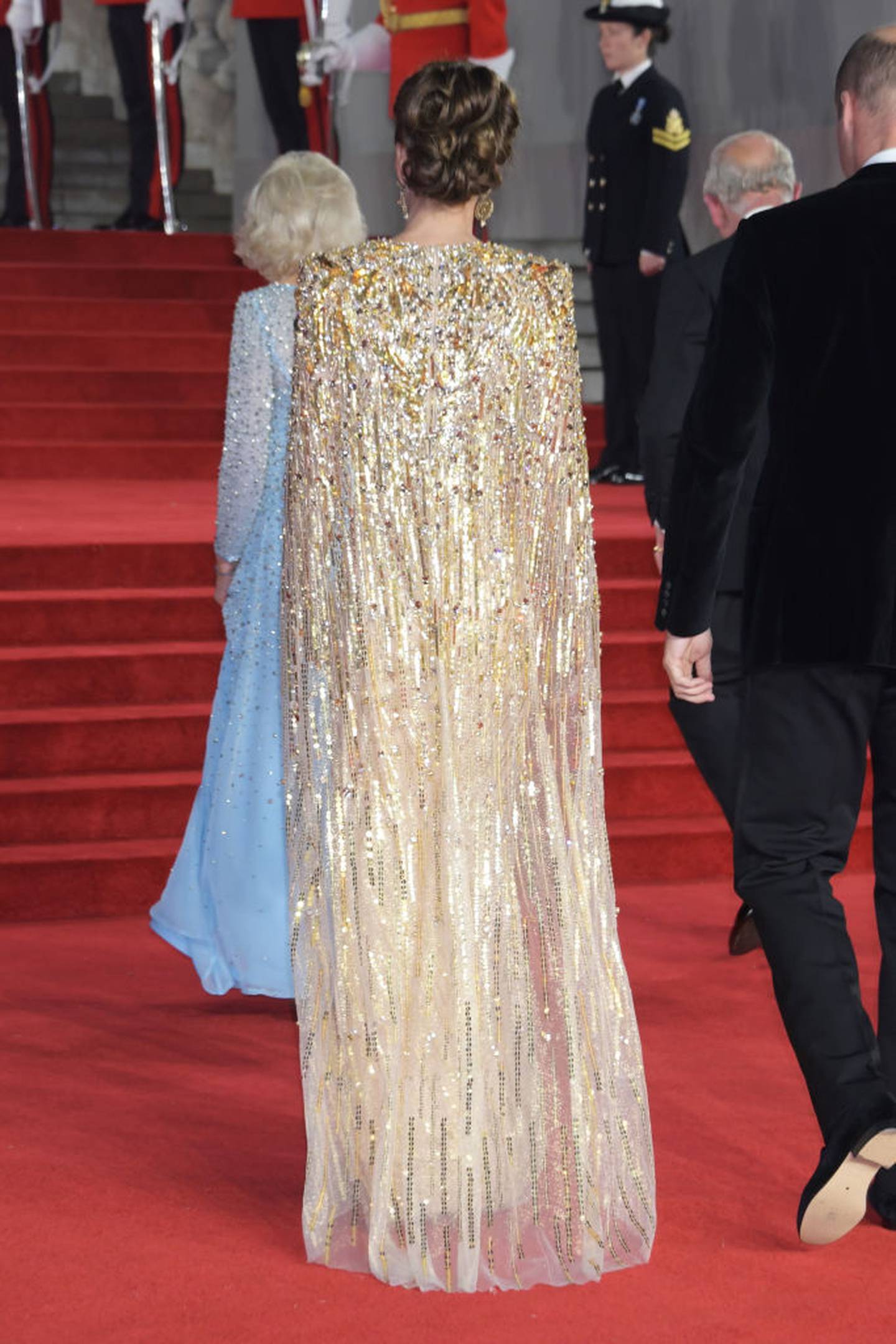Catherine's Jenny Packham caped gown was embellished with gold sequins. Photo / Getty