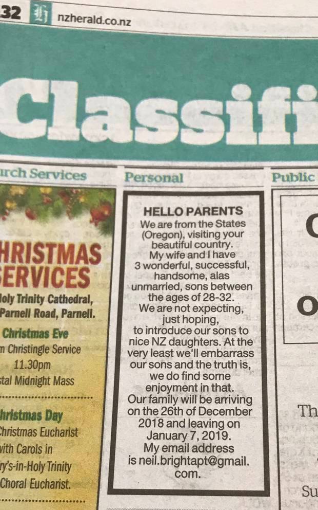 The classified ad was placed in the NZ Herald in December. 