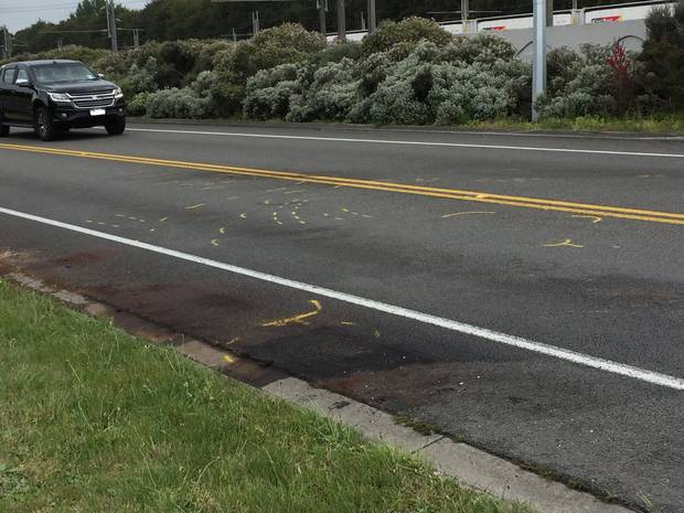 Police road markings are all that remain on the site where three people, a Hamilton couple and an Auckland teenager, were killed at the weekend. Photo / Belinda Feek