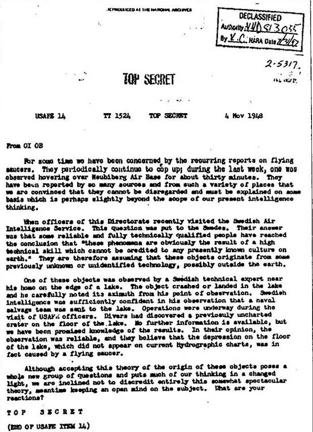 Tài liệu ngoài hành tinh ngoài trái đất của Không quân Mỹ năm 1948.  Ảnh / Không quân Hoa Kỳ