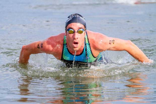 Sam Osborne came out of the water in second place, about 30 seconds behind Brazilian Marcus Fernandez. Photo / Supplied
