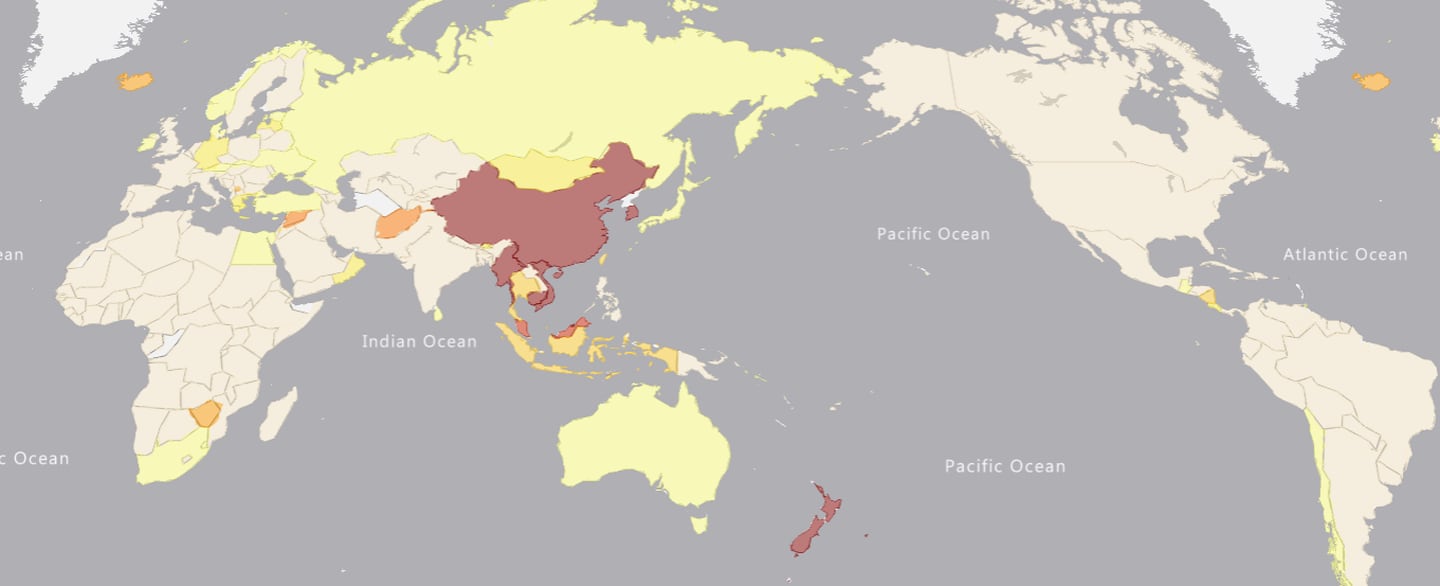 在 Rako Science 的 Covid-19 模型中，Reff 超过 2.2 的国家以深红色表示。