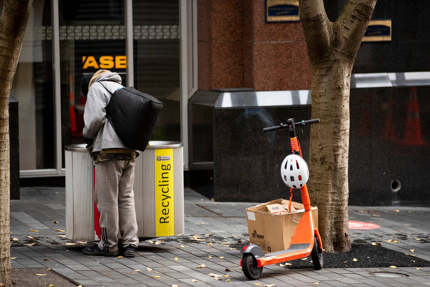 A homeless person checks rubbish bins in Auckland City. Photo / Dean Purcell, File 