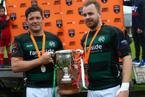 South Canterbury captains Miles Medlicott, left, and Nick Strachan, who came off the bench after a long injury layoff, pose with the Lochore Cup.