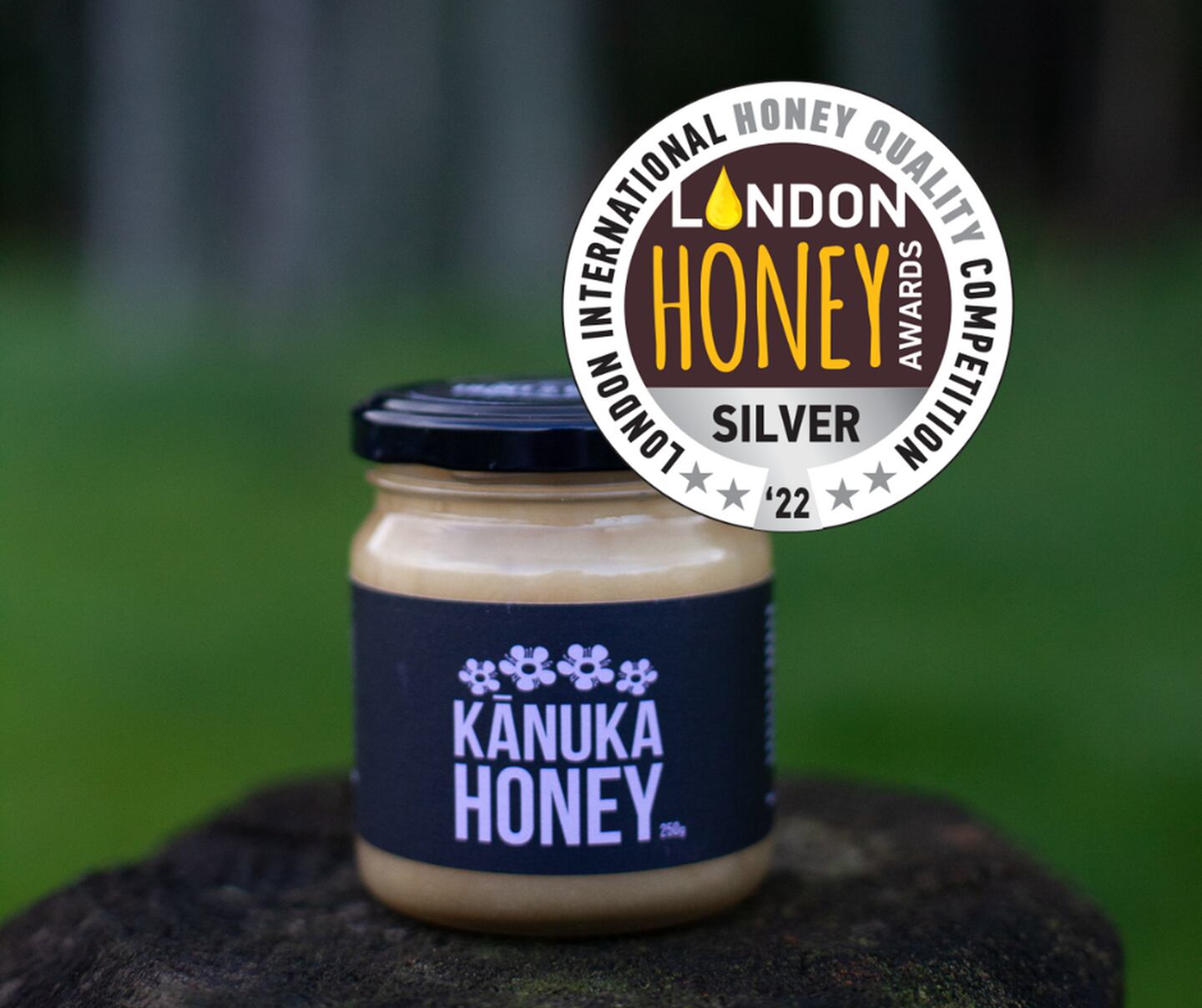 Hunt and Gather Bee Co's Kānuka honey won a silver medal at the London International Honey Awards. Photo / Supplied