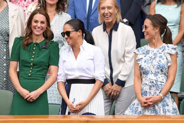 Three musketeers: Kate, Meghan and Pippa appeared to have a good time in the Royal Box. Former tennis champion Martina Navratilova was seated behind them. Photo / Getty
