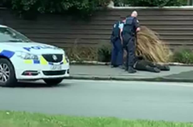 Police hold a suspect down on the ground. Photo / Kurt Bayer