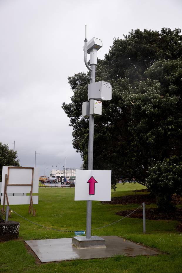 Someone has attached an arrow beneath a new speed camera on Tamaki Drive. Photo / Dean Purcell