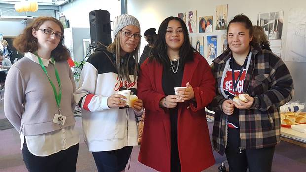 Student advocate Rebekah O'Donoghue (left) and students Ciana Kui, Roema Tatupu and Summer Ruissen-Hohaia celebrate Puanga with hot soup in the UCOL Whanganui atrium. Photo / Liz Wylie
