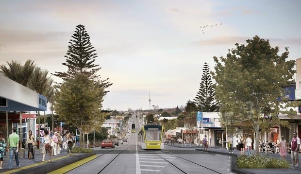 Trams running on light rail along Dominion Rd to the airport. Source / Auckland Transport