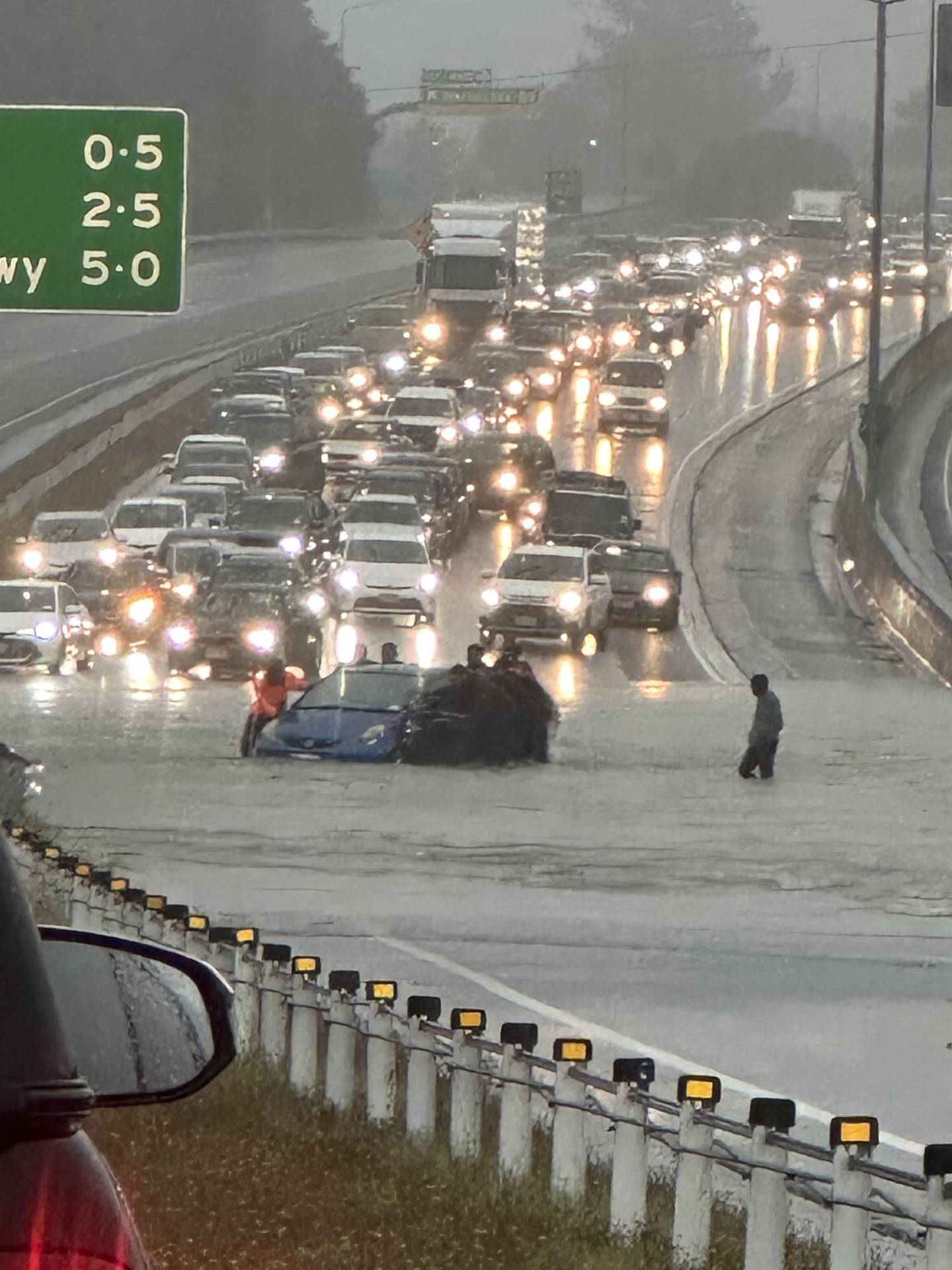一辆汽车被困在奥克兰北部高速公路的洪水中，因为上涨的水位导致双向交通陷入停顿。 照片/提供