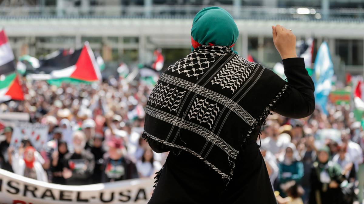Wojna między Izraelem a Hamasem: Demonstranci na placu Aotea demonstrują na rzecz Nowej Zelandii, aby przyłączyła się do Francji i innych wzywających do zawieszenia broni w Gazie