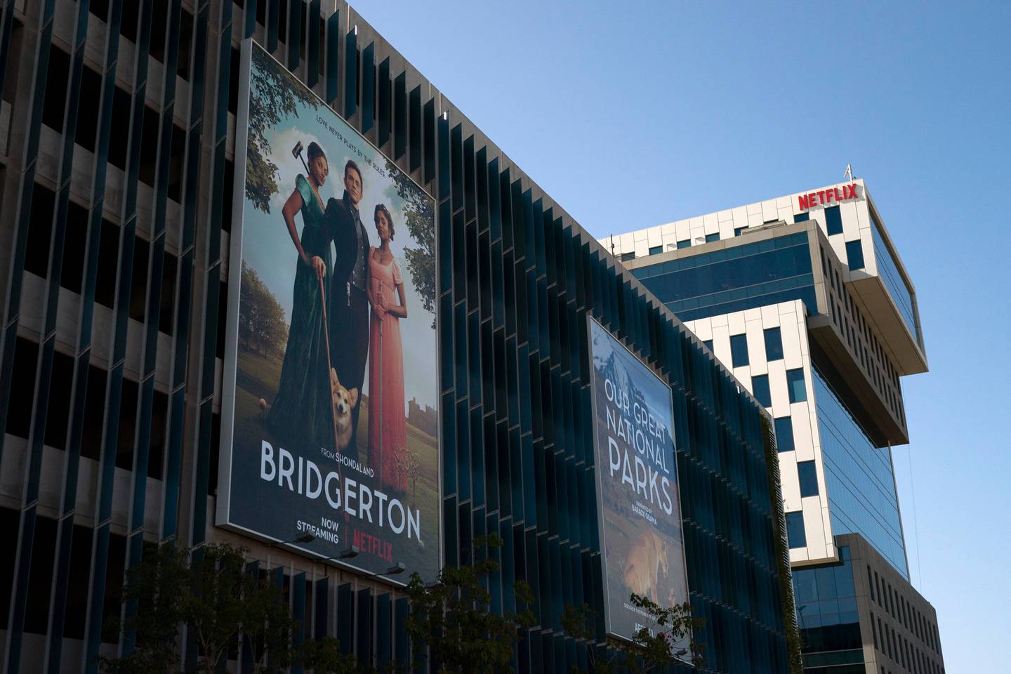 An advertisement for Netflix's popular show Bridgerton is seen outside its office building in Los Angeles. Photo / AP