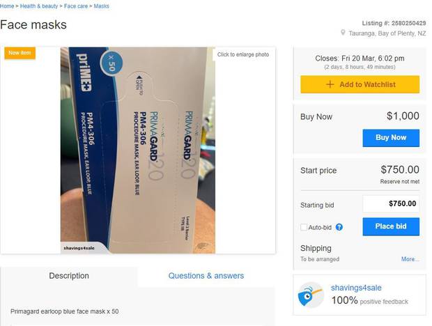 This TradeMe seller in Tauranga is trying to sell a packet of 50 face masks for $1000. Image / TradeMe