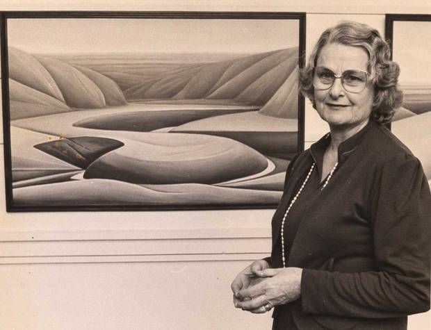 Veteran Arts Review submitter Elva Abbott with one of her paintings in 1984. Photo / Supplied