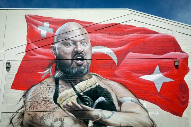 A mural of Te Awanui Black behind the Mount Cinema. Photo / Andrew Warner
