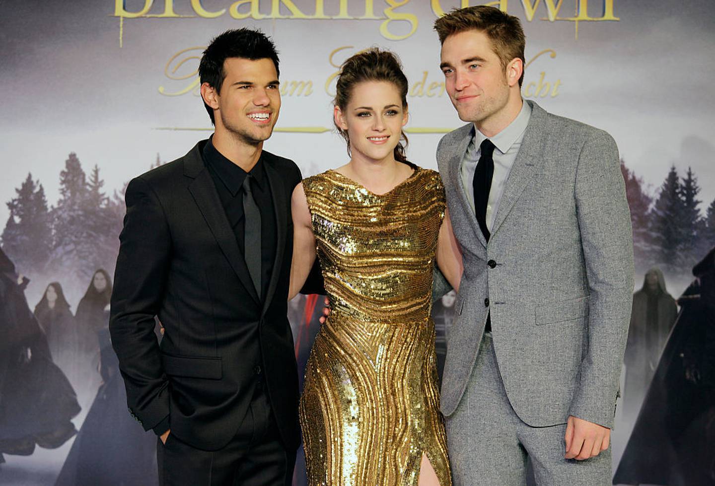 L to R: Taylor Lautner, Kristen Stewart, and Robert Pattinson attend the premiere for the "Twilight Saga: Breaking Dawn Part 2". Photo / Getty Images