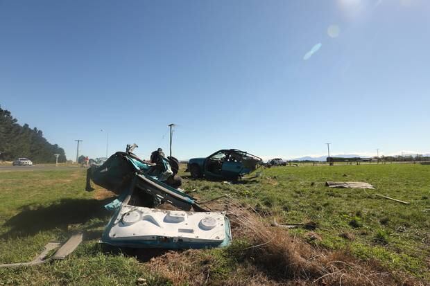 Chante Harmer and her two children were travelling in this vehicle, which was torn in half in the crash. Photo / Ashburton Guardian