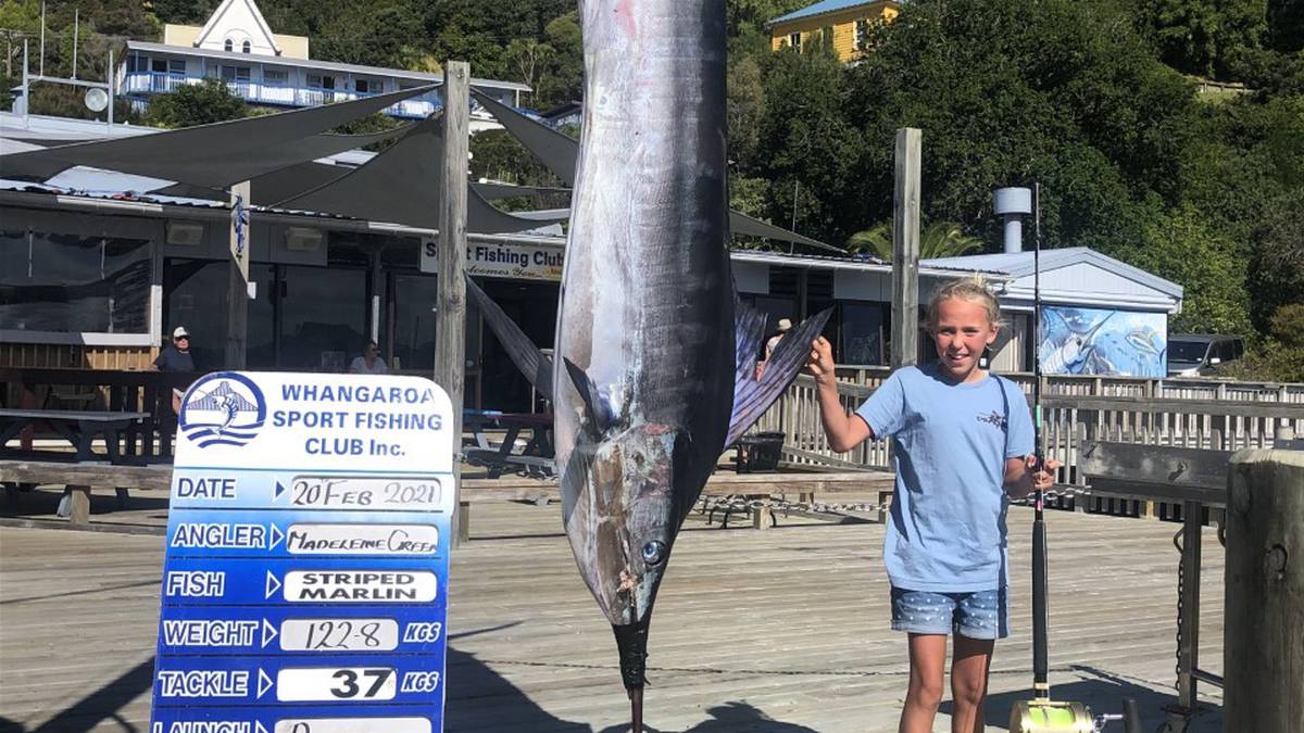Auckland school girl reels in record-breaking striped marlin