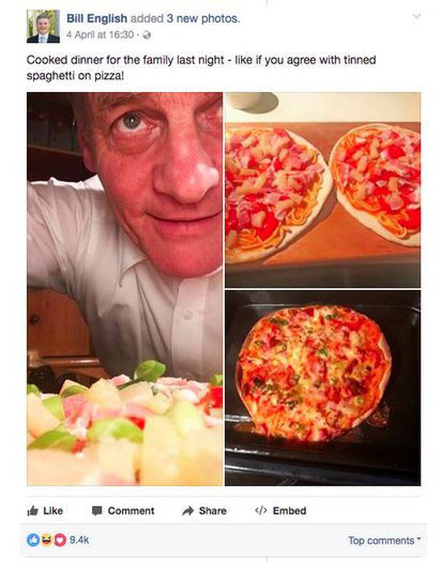 Bill English first posted about Hawaiian spaghetti being his favourite pizza topping in 2017.

