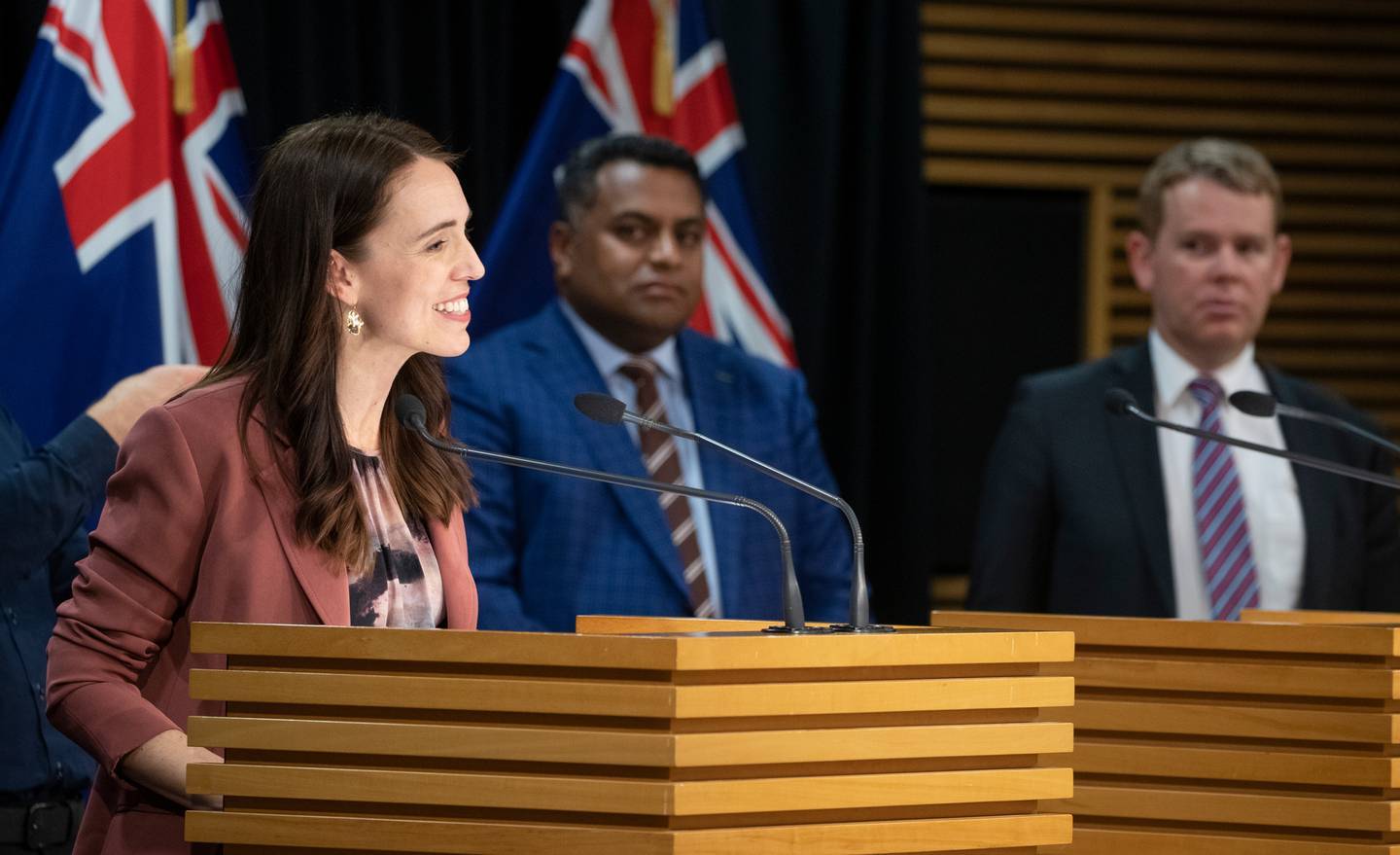 Prime Minister Jacinda Ardern during the post-Cabinet press conference with Immigration Minister Kris Faafoi and Covid-19 Response Minister Chris Hipkins. Photo / Mark Mitchell