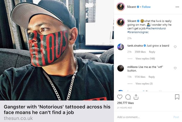 50 Cent brutally sledges Kiwi Mongrel Mob member Puk Kireka giant face tattoo on Instagram. Photo / Instagram