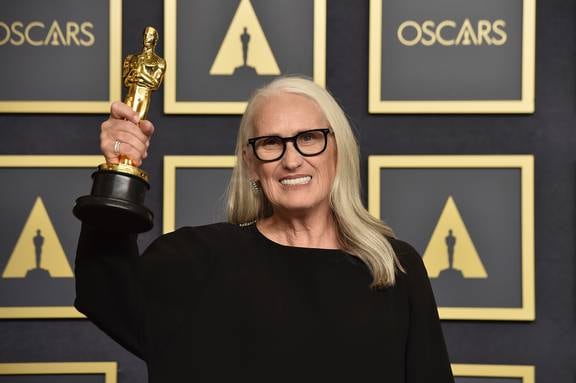Jane Campion, winner of the award for Best Director for Power of the Dog poses in the press room at the Oscars. Photo / AP