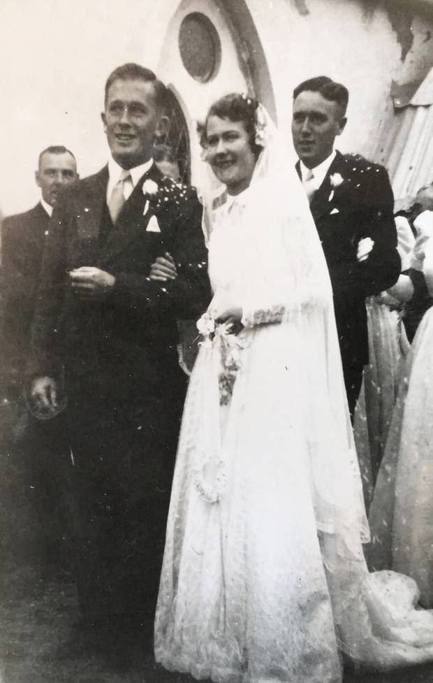 Helen and Bob's wedding in 1952. They moved to a farm near Balclutha. Photo / Macfie Family