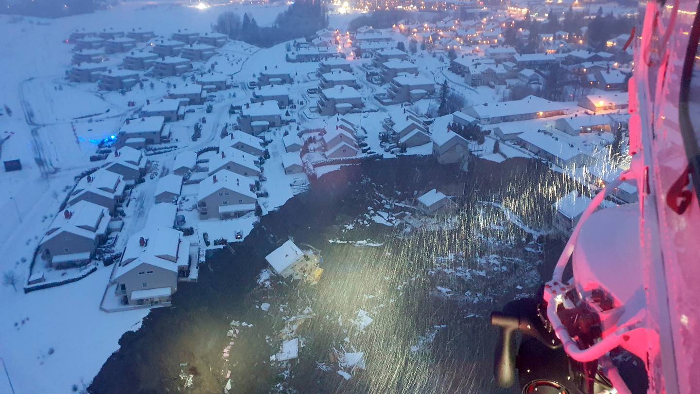 This aerial picture provided by the Norwegian Rescue Service shows the damage after a landslide hit the village of Ask, near Norway's capital. Photo / NTB via AP