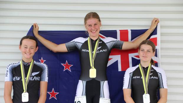 South Canterbury skaters Rosheane O'Connor (third) and Charlotte Clarke (second) flank Whanganui teenager Renee Teers on the 15km Elimination podium on her way to winning the Oceania Speed Skating overall junior champion title in Brisbane over Easter.