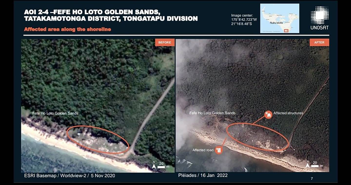 Before and after scenes of the Tonga volcano eruption recorded by satellite. Photo / Supplied