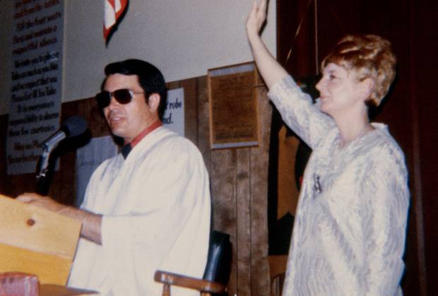 Reverend Jim Jones and his wife, Marceline, taken from a pink photo album left behind in the village in Jonestown, Guyana. Photo / Getty Images