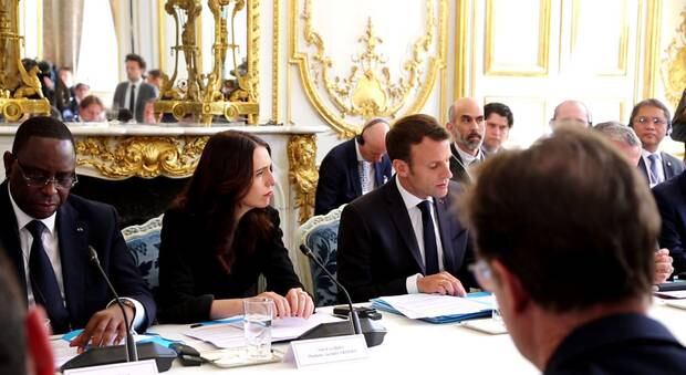 Prime Minister Jacinda Ardern and French President Emmanuel Macron at the Christchurch Call summit at Elysee Palace in Paris. Photo / Pool