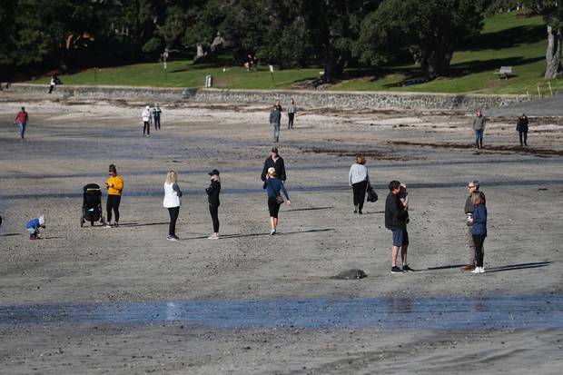 Aucklanders social distancing at Takapuna Beach as the region lives under Covid-19 level 3 lockdown. Photo / Dean Purcell 