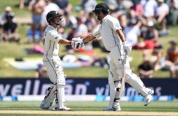 BJ Watling and Colin de Grandhomme celebrate their partnership. Photo / Photosport