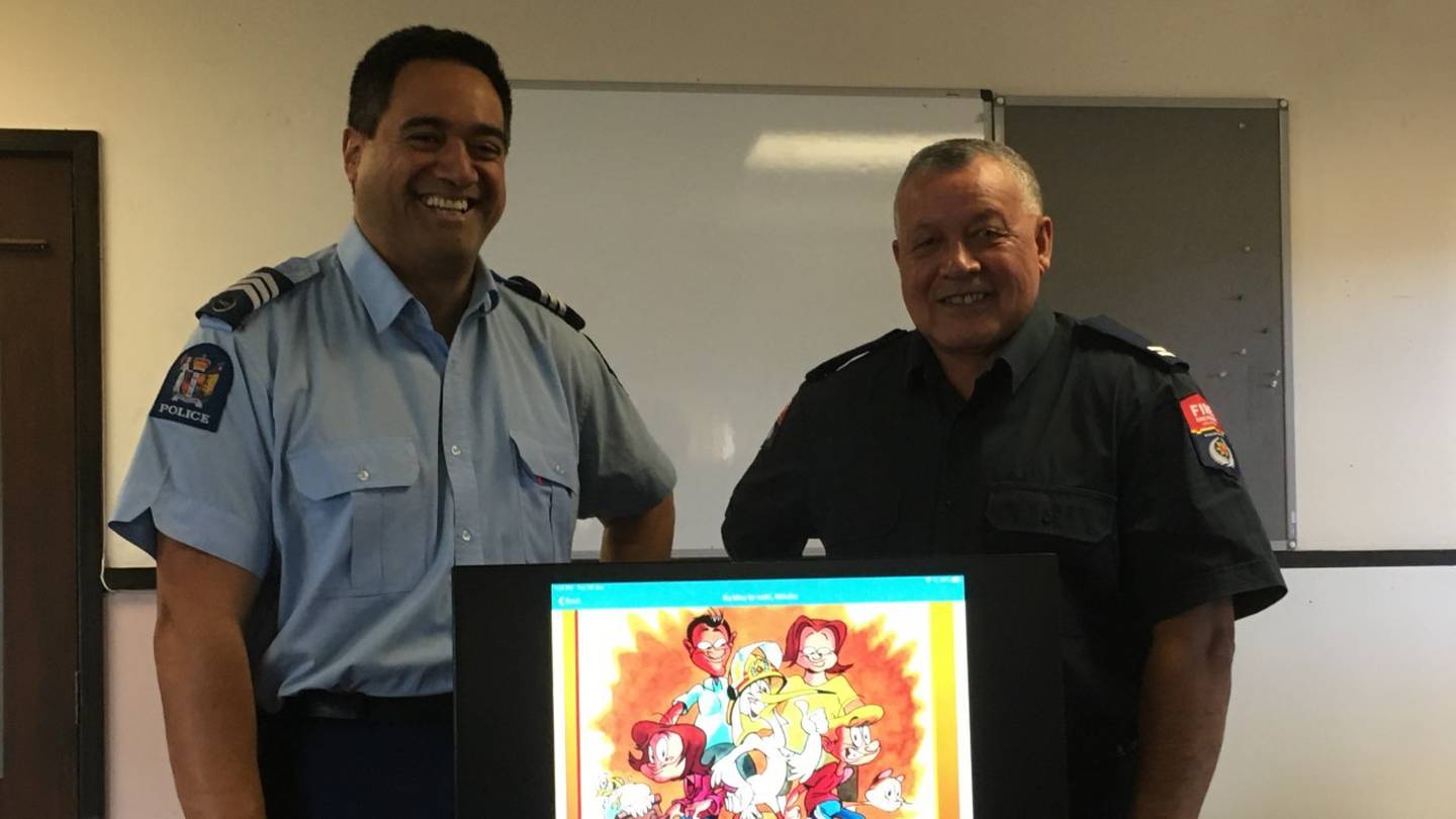 Sergeant Phil Rowden, Māori Liaison Officer for  Hawke's Bay, and Allan Brown at the launching of the app at the Hastings Fire Station earlier this month. Photo / Supplied