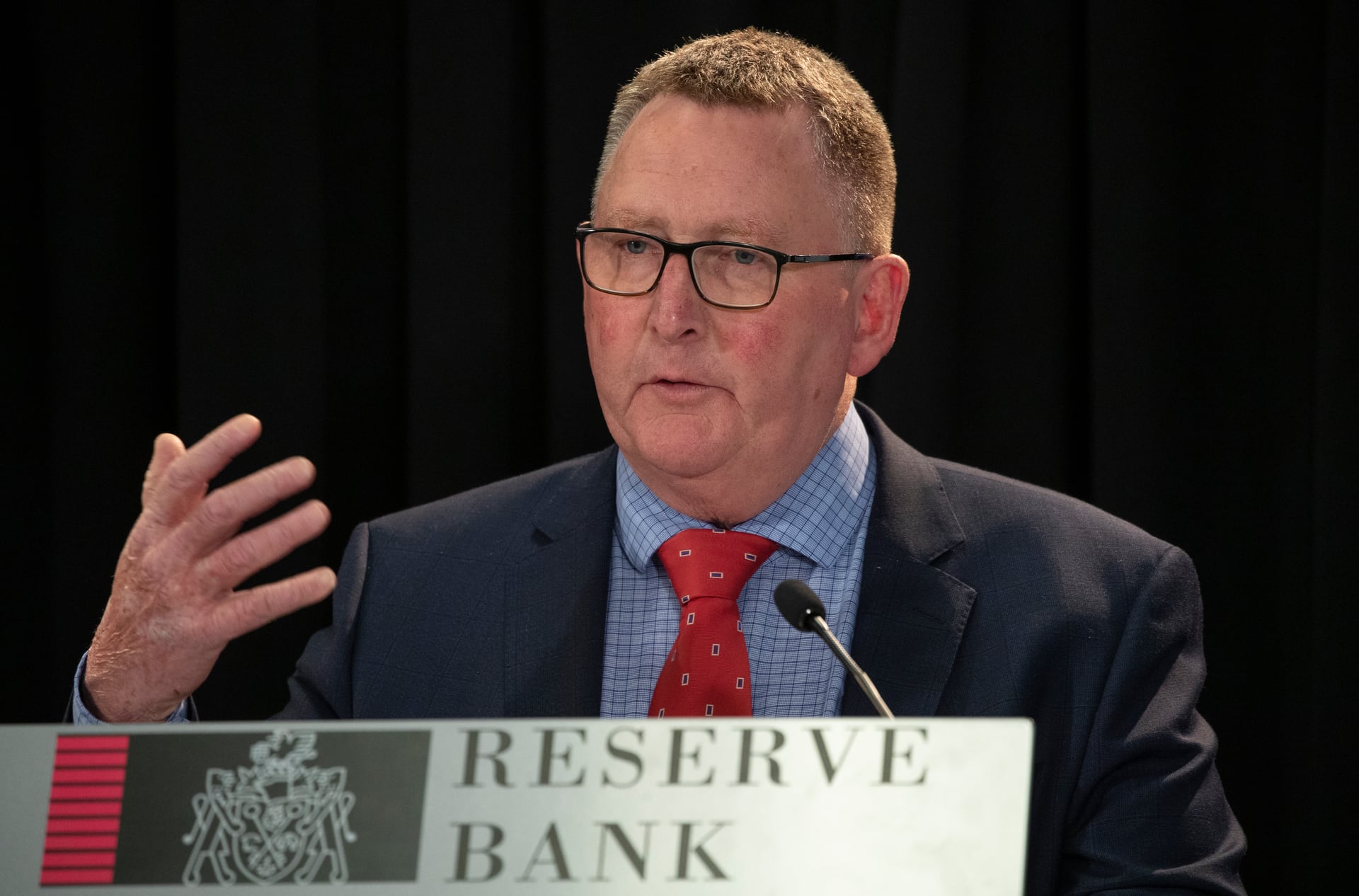Reserve Bank Governor Adrian Orr after announcing they have left the official cash rate unchanged at 0.25 per cent. Photo / Mark Mitchell