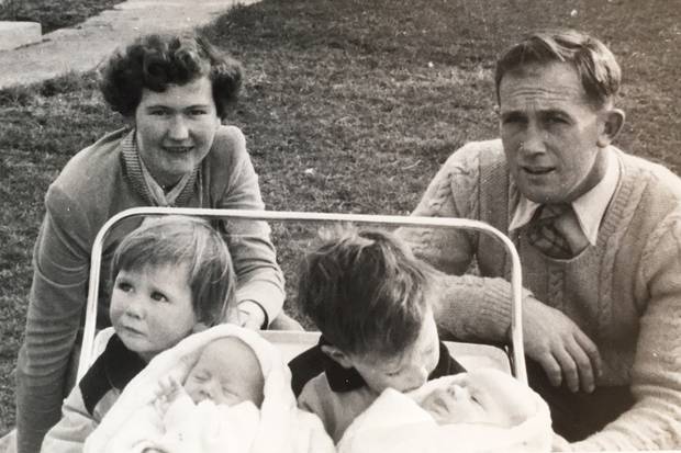 Helen gave birth to twins Chris and Paul shortly after having polio. This is in 1956, with siblings Belinda (left) and Charles (right). Photo / Macfie Family