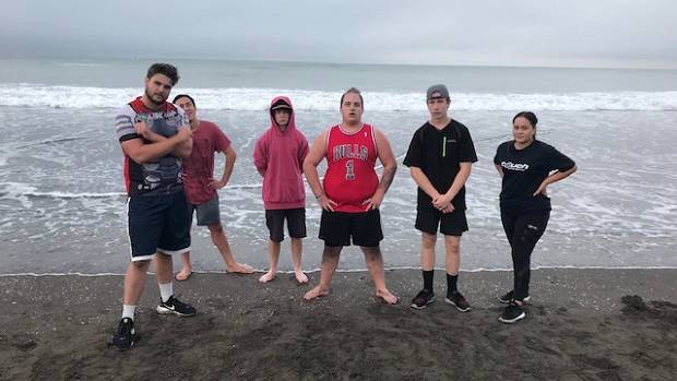 Using Castlecliff Beach for training are (from left) specialist case worker Jesse Hamilton-Hall, Wiremu Tamehana, Xavier Thomson, Braxton Nikora-Whale, Amos Goldsack and Tala Thompson.