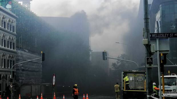 Clouds of black smoke on Hobson St at the height of the blaze last week at the New Zealand International Convention Centre building site at SkyCity in central Auckland. Photo / Khalia Strong