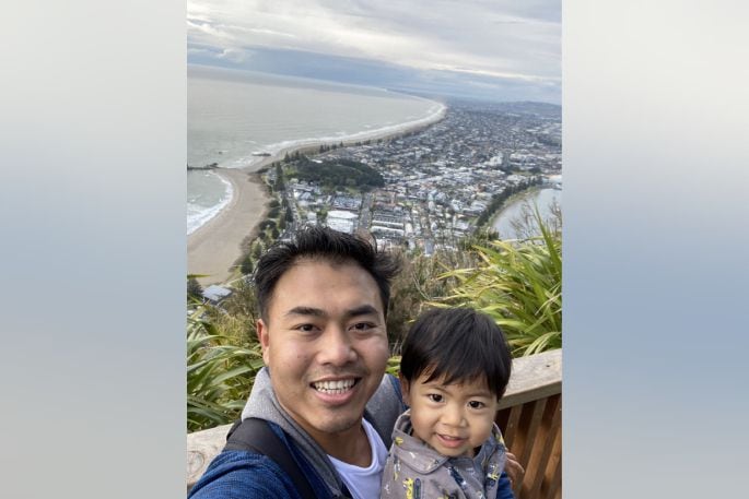 Oo and Zan at the Mauao summit feeling proud of their accomplishments. Photo / Oo Aye Nyein