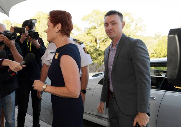 Senator Pauline Hanson and James Ashby, right, arrive at doors at Parliament House on February 14, 2019 in Canberra, Australia. Photo / Getty Images